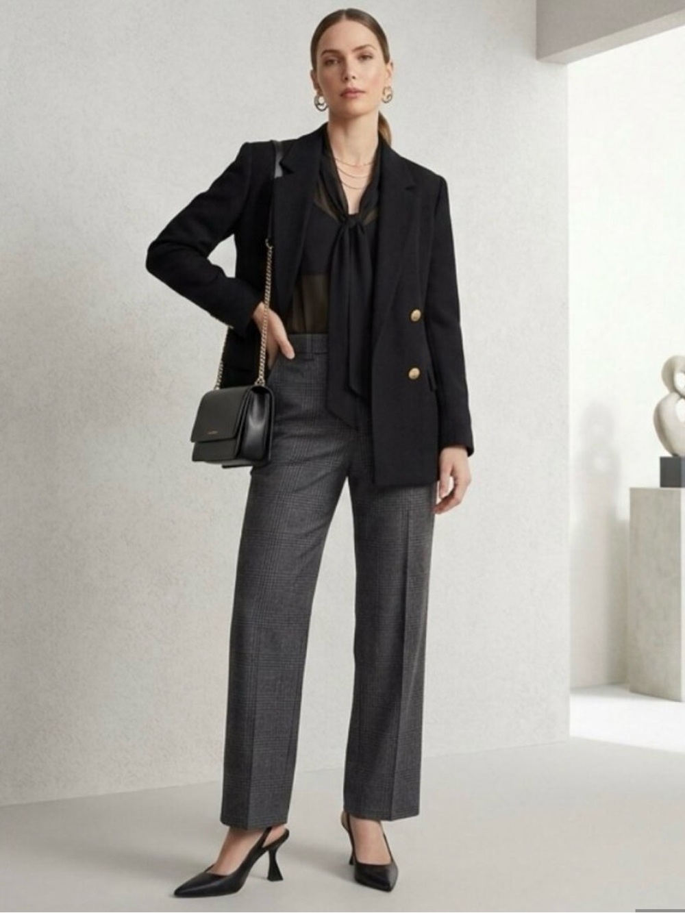 STEPHANIE ANDREWS Fluid Academia Wool Black Double Breasted Blazer Jacket SZ 16